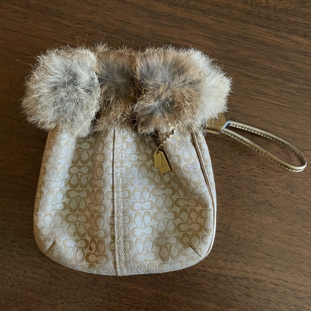 Coach Metallic Drawstring Wristlet with Rabbit Fur, Gold Hardware, Pink Lining